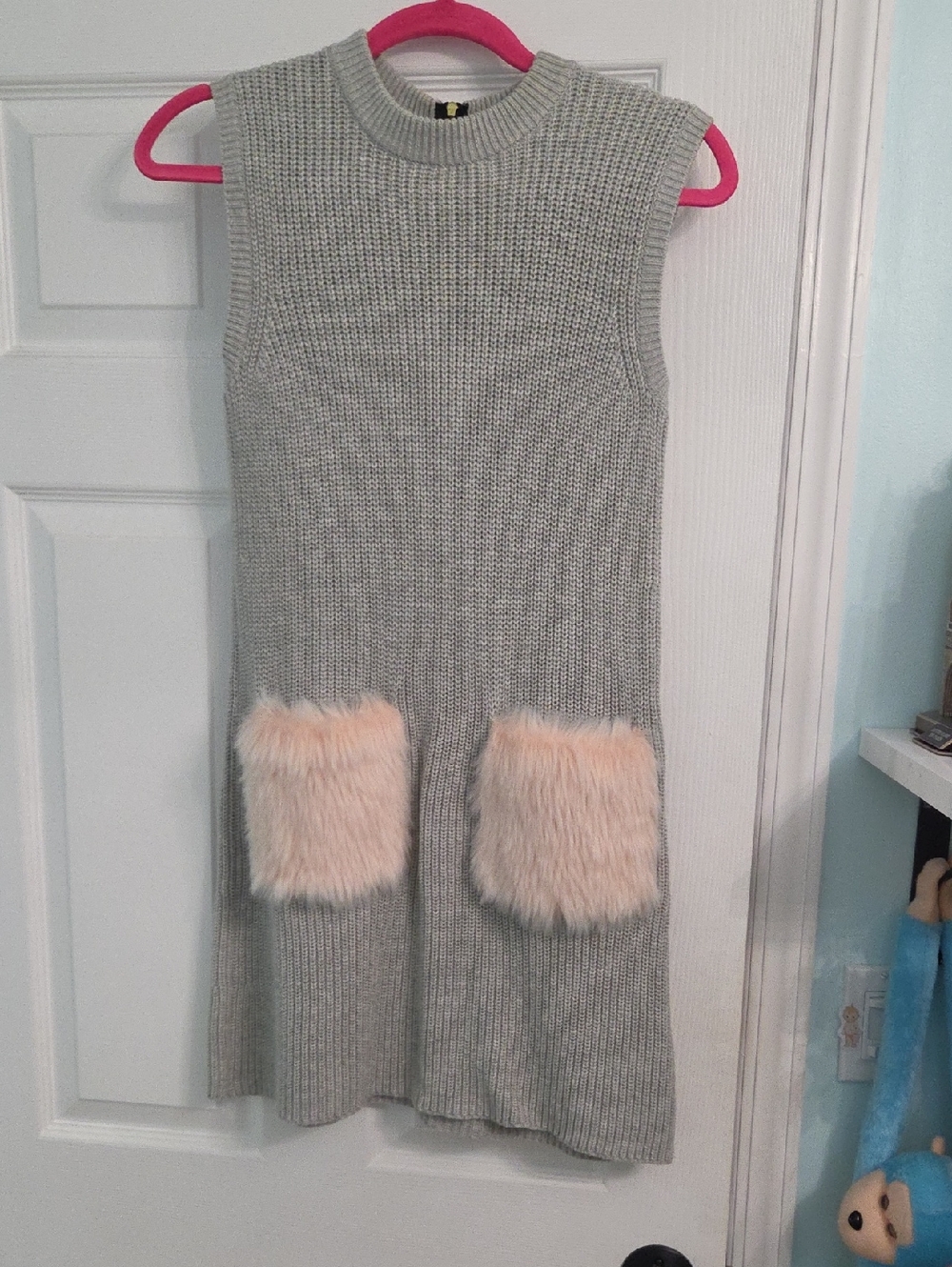 Crewcuts Gray Knit Sleeveless Dress with Pink Faux Fur Pockets